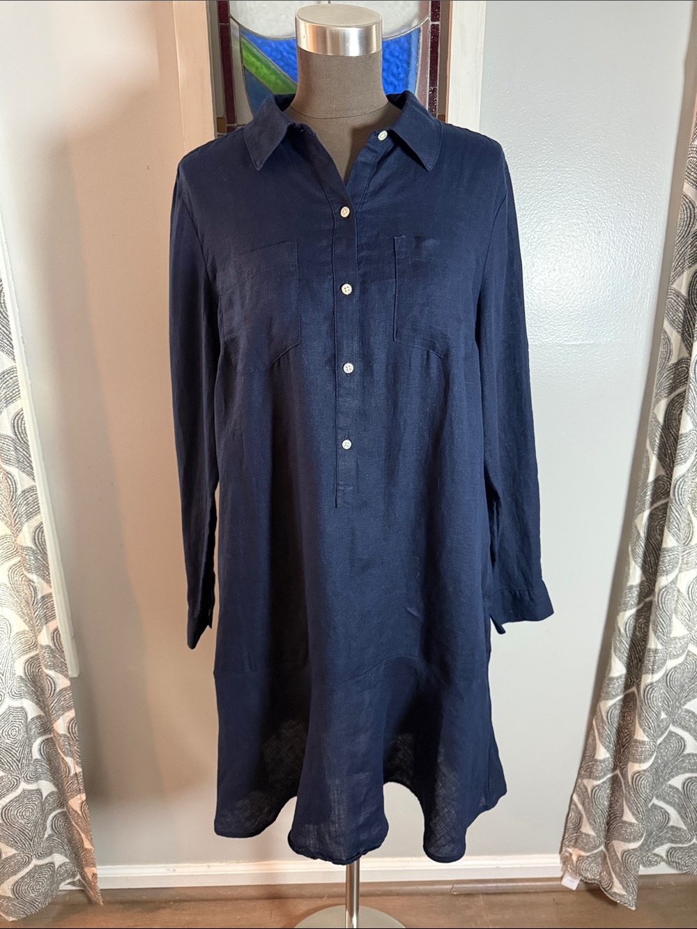 NWT Talbots Navy Blue 100% Woven Cotton-Feel Pure Linen Long Sleeve Shirt Dress
